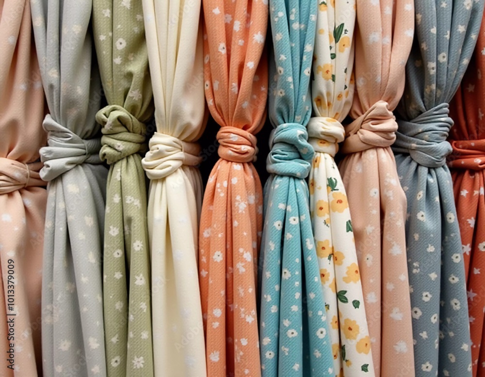 Poster intricately tied curtain knots hang gracefully in a textile shop, displaying a vibrant array of colo