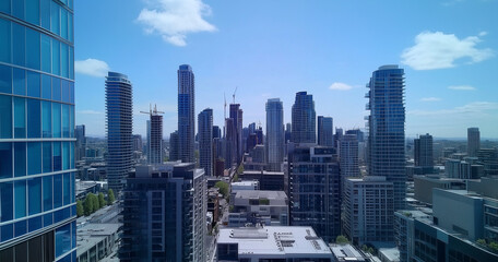 Fototapeta premium Aerial View of City Skyline and Skyscrapers Under Blue Sky and White Clouds