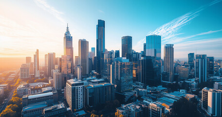 Aerial View of City Skyline and Skyscrapers Under Blue Sky and White Clouds