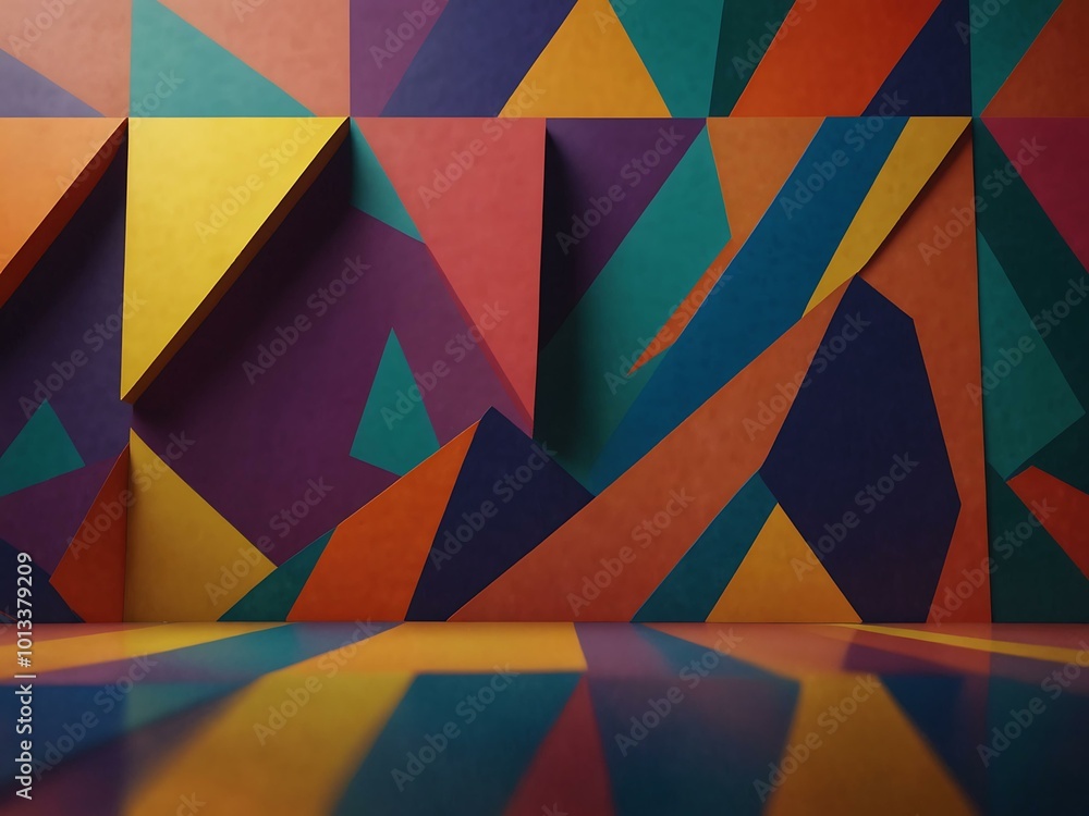 Aufkleber bold geometric shapes with depth of field on a vibrant multicolored backdrop.