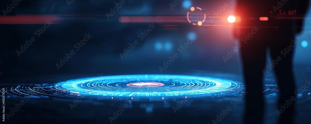 Poster futuristic digital interface with glowing patterns and silhouette