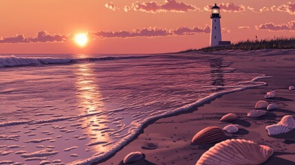 Sunset, seashells, lighthouse, ocean beach.