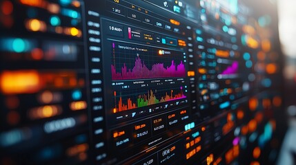 A digital dashboard displaying colorful data visualizations and analytics.