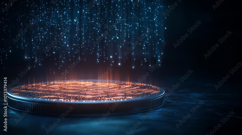 Poster futuristic platform with glowing effects and ethereal particles.