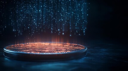 Futuristic platform with glowing effects and ethereal particles.