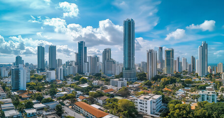 Fototapeta premium Aerial View of City Skyline and Skyscrapers Under Blue Sky and White Clouds
