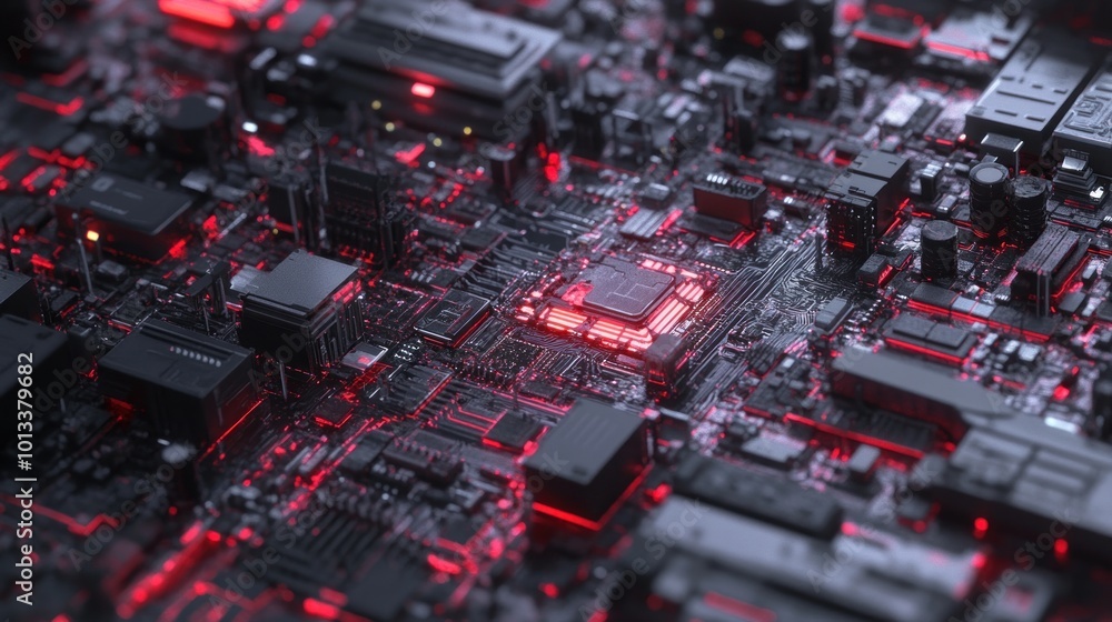 Poster a close-up view of a circuit board with illuminated components in a dark setting.