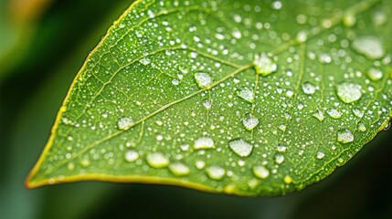 Close-up of a vibrant green leaf covered in morning dew, every detail of the droplets and leaf veins captured in sharp focus.