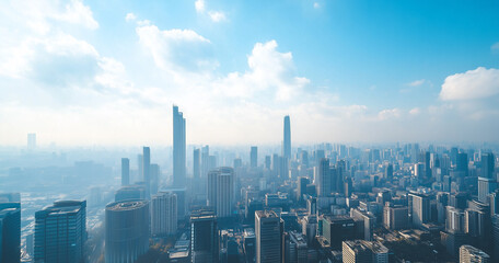 Fototapeta premium Aerial View of City Skyline and Skyscrapers Under Blue Sky and White Clouds