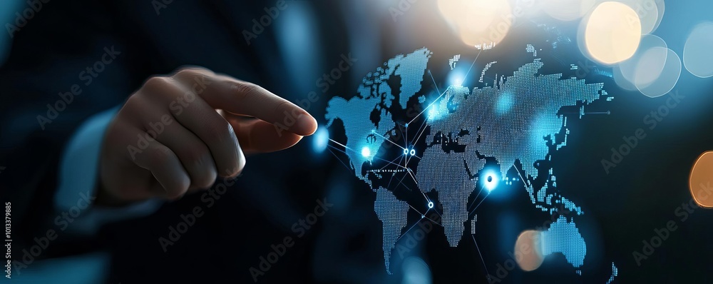 Poster hand interacting with digital world map in a business setting