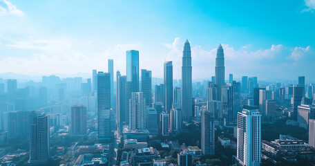 Fototapeta premium Aerial View of City Skyline and Skyscrapers Under Blue Sky and White Clouds