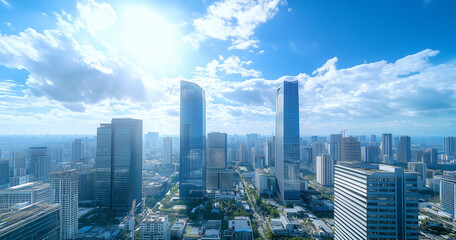 Obraz premium Aerial View of City Skyline and Skyscrapers Under Blue Sky and White Clouds