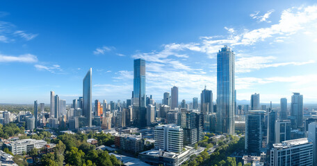 Obraz premium Aerial View of City Skyline and Skyscrapers Under Blue Sky and White Clouds