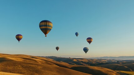 Obraz premium Hot air balloons over rolling hills at sunrise.