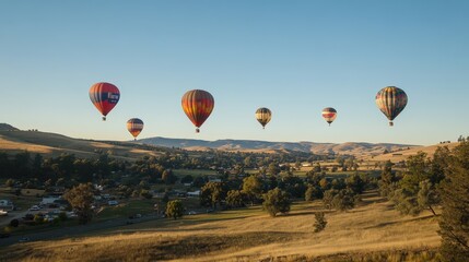 Obraz premium Balony na ogrzane powietrze nad wiejską doliną.
