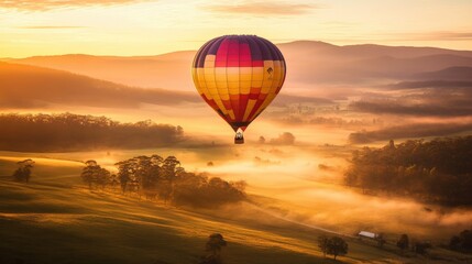 Obraz premium Hot air balloon soaring over misty valley at sunrise.