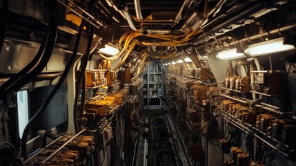 Fototapeta premium Complex mechanics unravel in a tunnel, showcasing an intricate network of cables and devices under warm industrial lighting.