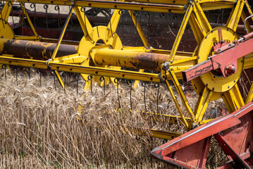 Close-up of the reel and cutting of the combine harvester
