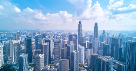 Obraz premium Aerial View of City Skyline and Skyscrapers Under Blue Sky and White Clouds