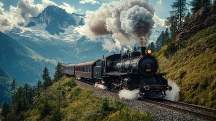 Fototapeta premium Vintage steam train chugs through mountainous terrain.