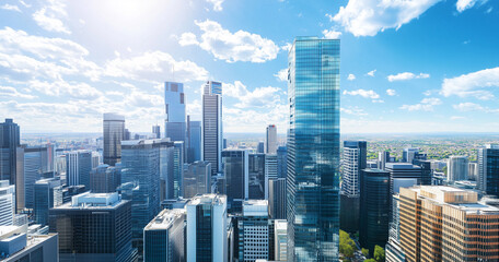 Naklejka premium Aerial View of City Skyline and Skyscrapers Under Blue Sky and White Clouds