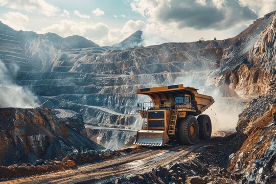 Large mining truck in open-pit mine landscape. Industrial vehicle working in dusty quarry with rocky terrain and mountains in the background. Industrial machinery concept. - Powered by Adobe