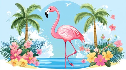 Pink flamingo wading in blue water near palm trees.