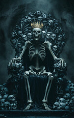 A sinister skeleton monarch seated on a terrifying throne of bones, surrounded by skulls. Afterlife concept art portraying death’s reign on a Gothic medieval throne. Perfect for Halloween-inspired