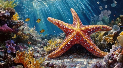 Colorful starfish resting on the ocean floor, surrounded by coral and small fish
