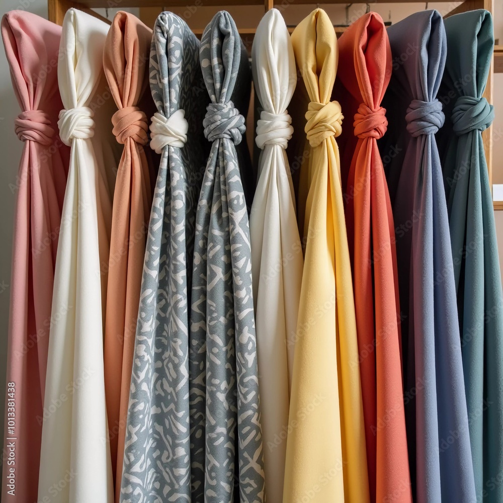 Poster intricately tied curtain knots hang gracefully in a textile shop, displaying a vibrant array of colo