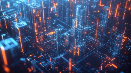Futuristic city skyline with glowing wireframe buildings