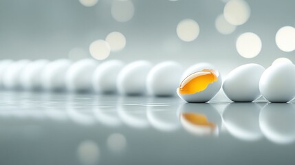 A row of white eggs, one broken open revealing a bright yellow yolk.