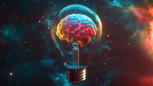 Colorful brain inside a lightbulb against a cosmic background