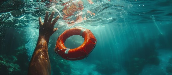 Underwater view of hand reaching for life ring. Red lifebuoy floating in the ocean with arm extended toward it. Survival and rescue concept in water.