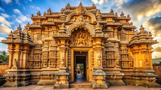 Ornate entrance gate of ancient Sharadamba Temple in Sringeri, Karnataka, India, showcasing intricate carvings and ornamental details in warm golden light.