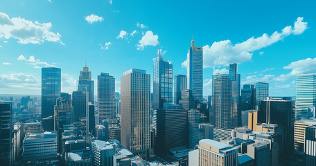 Fototapeta premium Aerial View of City Skyline and Skyscrapers Under Blue Sky and White Clouds