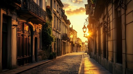 Fototapeta premium Cobblestone street in European city at sunset.