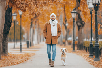 Fototapeta premium A man is walking down a road with her dog