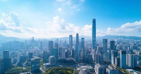 Fototapeta premium Aerial View of City Skyline and Skyscrapers Under Blue Sky and White Clouds