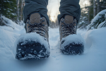 Winter Hiking Boots in Snow Trail at Dusk
