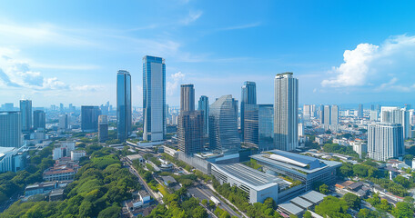 Fototapeta premium Aerial View of City Skyline and Skyscrapers Under Blue Sky and White Clouds
