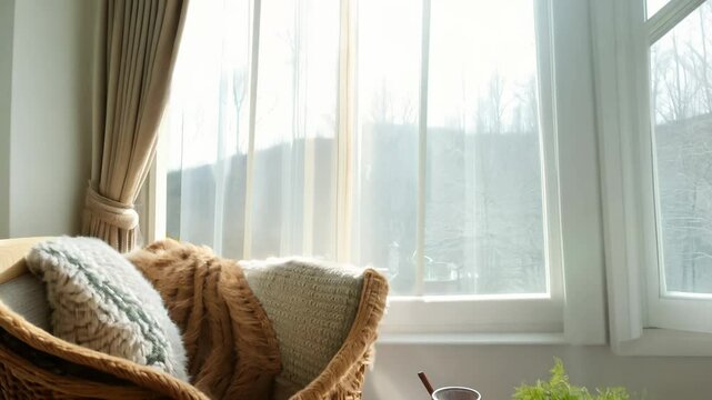 Camera slowly zooms in on a sun-drenched scandinavian living room with white walls, light wood floors, and natural light