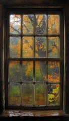 Captivating window view on a rainy autumn day with delicate raindrops and soft, cozy light