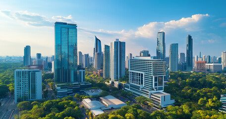Obraz premium Aerial View of City Skyline and Skyscrapers Under Blue Sky and White Clouds
