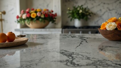 Close-up of a kitchen countertop featuring white marble and a floral bouquet.