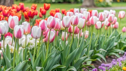 A vibrant row of colorful tulips blooming in a lush garden,A stunning display of multicolored tulips arranged in a garden,A picturesque garden filled with a row of colorful tulips.