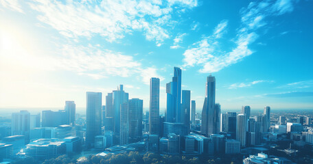 Fototapeta premium Aerial View of City Skyline and Skyscrapers Under Blue Sky and White Clouds