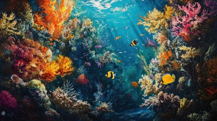 Coral reefs bursting with vibrant colors, with tropical fish darting between the coral branches
