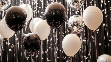 An elegant ballroom filled with monochromatic black and white balloons and silver confetti cascading from the ceiling, creating a high-contrast, sophisticated celebration scene.