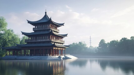Obraz premium A Chinese pagoda stands on a lake.